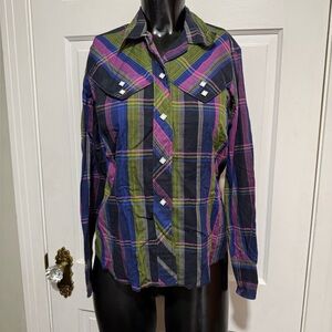 Miller Western Wear Purple Green Blue Long Sleeve Womens Shirt Size 34 Plaid